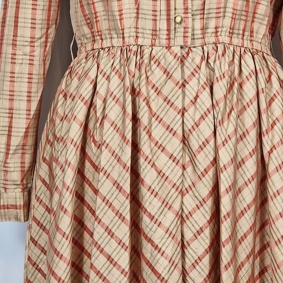 Vintage Japanese Cordier Gold Red Beige Tartan Pleated Fit And Flare Dress 10 - Picture 5 of 8